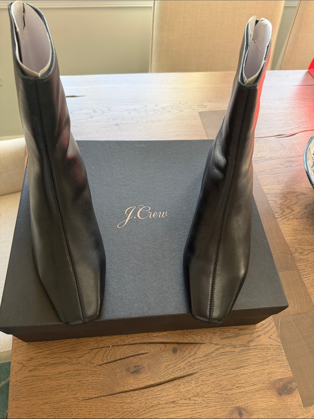 J. Crew Black Leather Square-Toe Ankle Boots with Subtle Stitch Detail